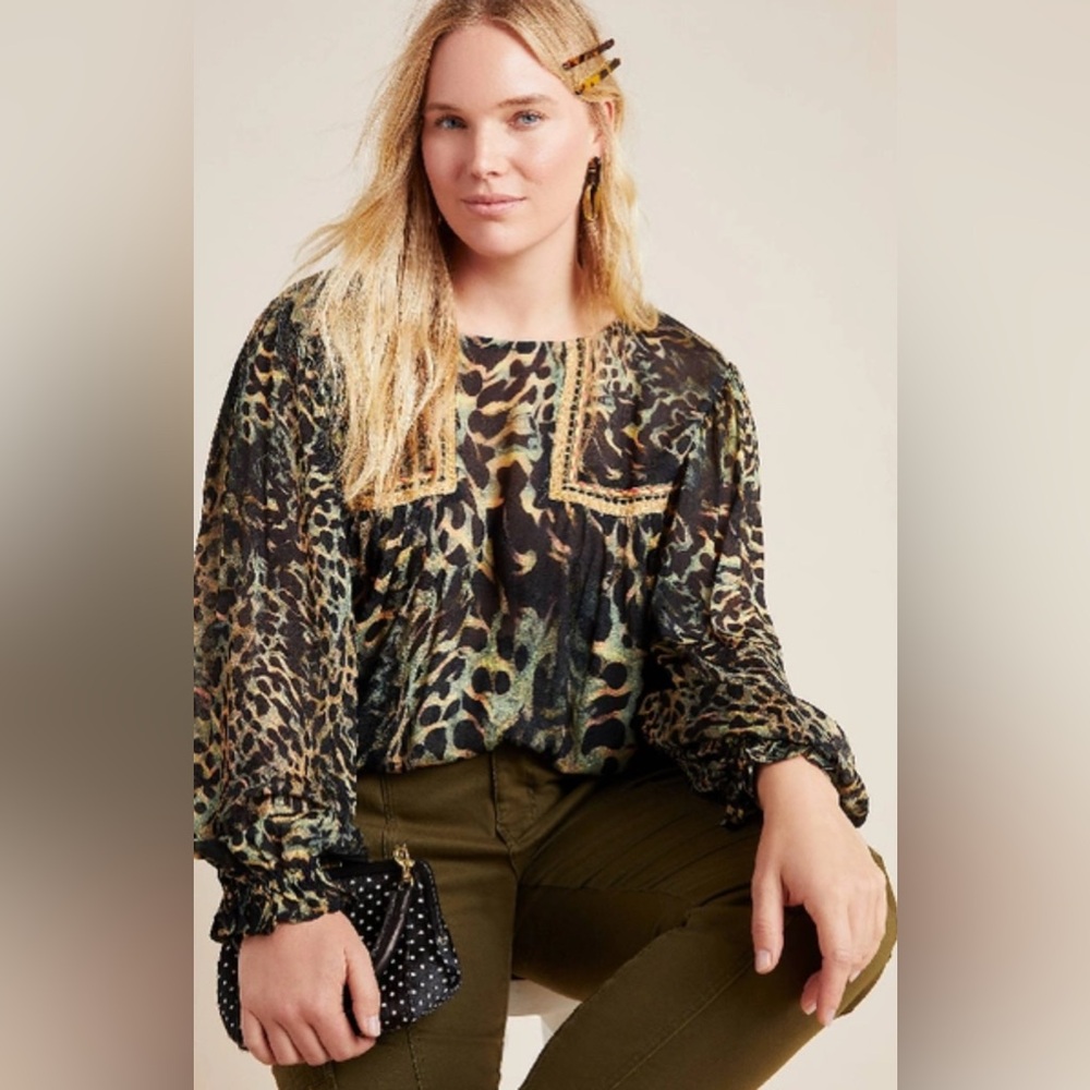 Anthropologie Bl-nk London Miranda peasant blouse in a leopard Print Blouse